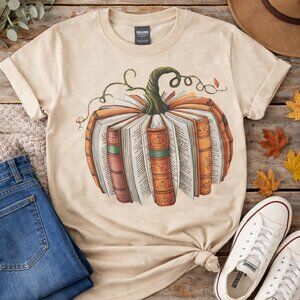 Book Pumpkin Tee | Large | Gildan Tan